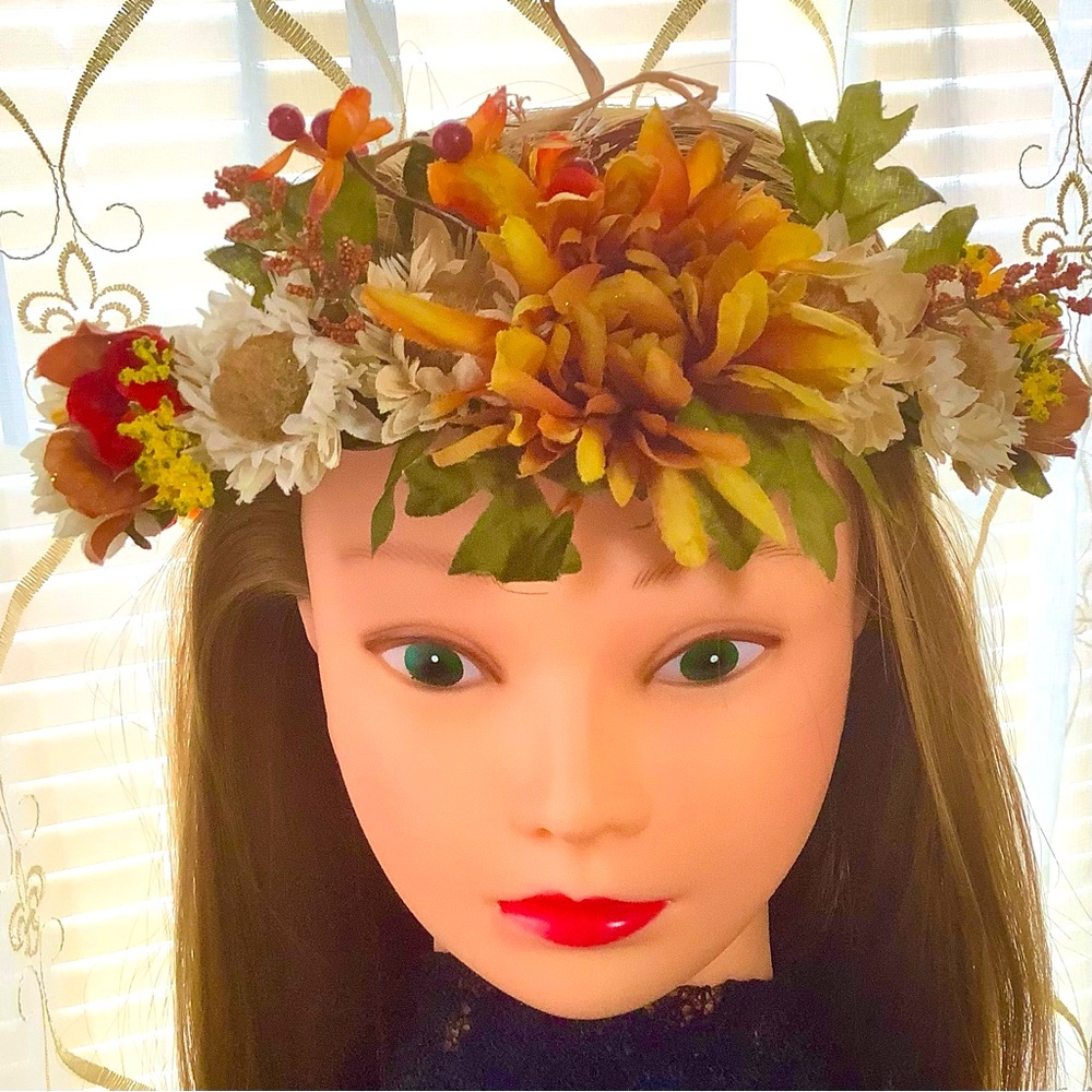 Head wreath floral crown handcrafted wedding holiday festival fall oranges